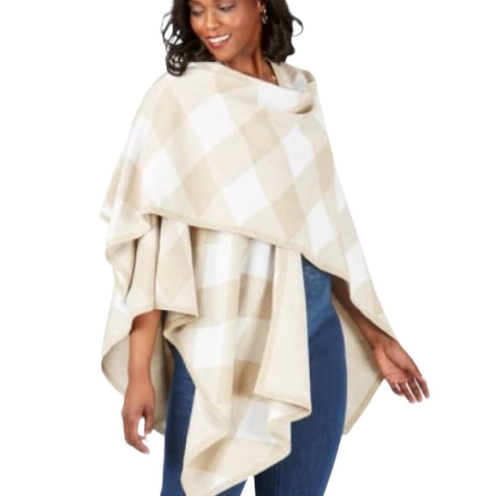 Foxcroft The Walker Diamond Plaid Ruana Poncho One Size Ivory Beige